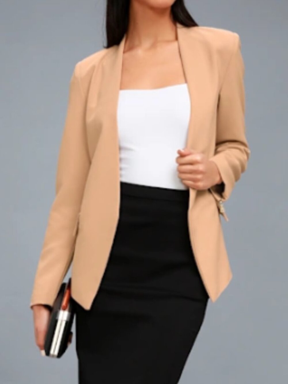 Lulus VP of Chic Tan Nude Zip Pocket Collarless Open Blazer - Picture 4 of 4